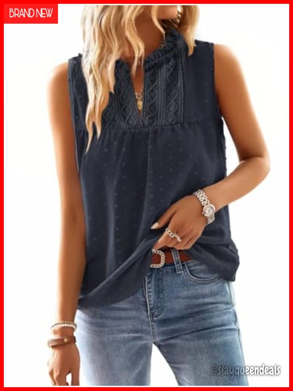 Womens Summer Boho Lace Babydoll Sleeveless Tank Top Flowy